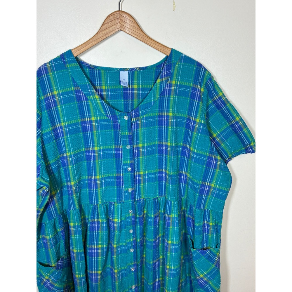 Lane Bryant Plaid Seersucker Maxi Dress Size 3X Teal 90s Butter Mom Maximalist - Picture 4 of 8